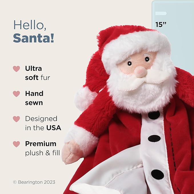 Bearington Red Santa Christmas Loveys for Babies - 15" Soft and Cuddly Baby Security Blanket with Satin Trim - Adorable Lovies for Baby Girls and Boys - Cute Toy and Holiday Snuggle Buddy for Newborns
