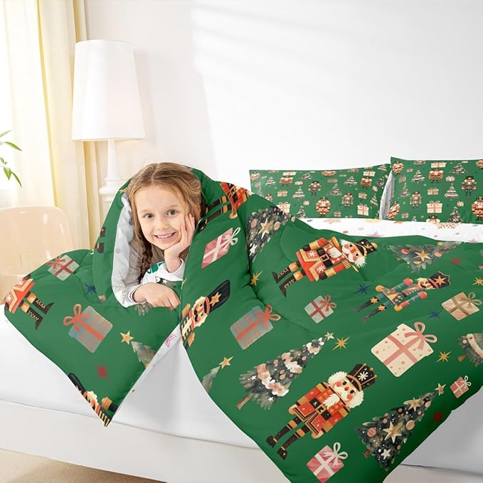jejeloiu Xmas Nutcracker Comforter Set Full Size Christmas Green Bedding Set for Kids Boys Girls Cute Snowflakes Duvet Quilt Bedroom Decor