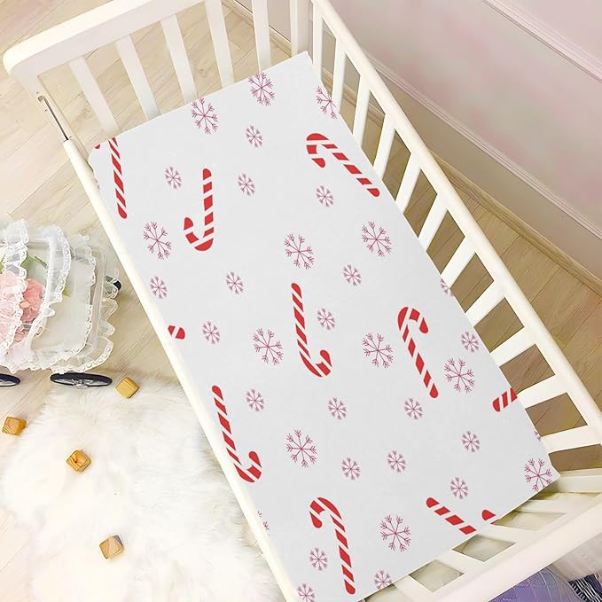Crib Sheet, Unisex Crib Sheet, Soft and Comfortable for Standard Crib and Toddler Mattress, Christmas Cane Candy
