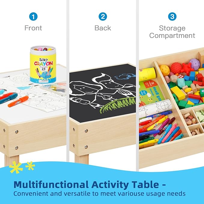 3 in1 Kids Table and Chairs Ages 3-7, Montessori Toddler Table and Chair Set with Versatile Tabletop and Storage Drawer, Kids Activity Desk for Home, Nursery and Playroom