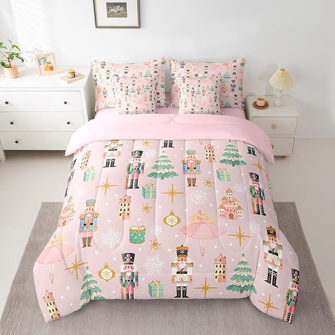 Erosebridal 7Pcs Pink Christmas Comforter Set Queen Size,Christmas Nutcracker Bedding Set,Dreamy Castle Princess Bed in A Bag,Xmas Galaxy Snow Quilt with Flat Fitted Sheet for Kids Boys Girls