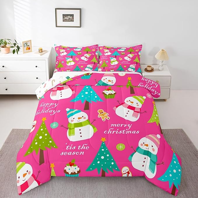 Erosebridal Christmas Kids Comforter Set Cartoon Snowman Quilts for Boys Girls Adults Xmas Tree Bedding Set Cartoon Snowflake Bedroom Decor Duvet Insert Twin Size