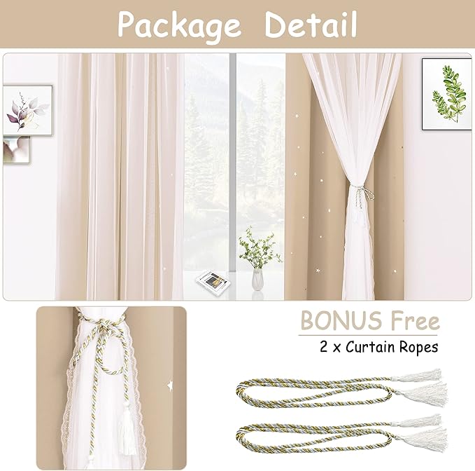 Kinryb Kids Blackout Curtains for Bedroom/Living Room/Classroom, Sheer Overlay 95 Inches 2 Panel Set, Double Layer Curtains with Star Cutout for Kids Room(W 52 x L 95 Inches,Beige 2 Pcs)
