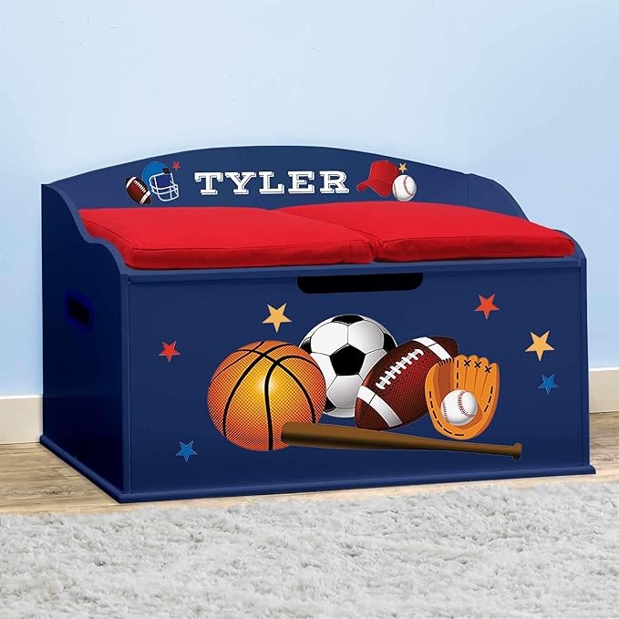 DIBSIES Personalized Creative Wonders Toy Box, Sports, 30 x 19.25 x 18 inches, Soft-Close Lid (Blue)