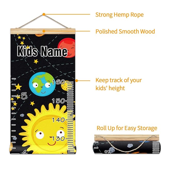 Personalized Kids Name Growth Chart Ruler for Wall Wood Frame Height Measure Chart 13.4x56 in Linen Hanging Height Growth Chart Space Stars Planets Galaxy Rockets Sun Kids Room Decor