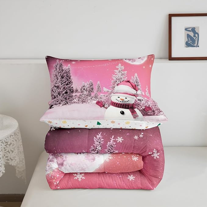Feelyou Kids Merry Christmas Decorations Toddler Size Comforter Set Xmas Snowman Bedding Set Girly Pink Quilt Set Soft Warm Lightweight Duvet Set