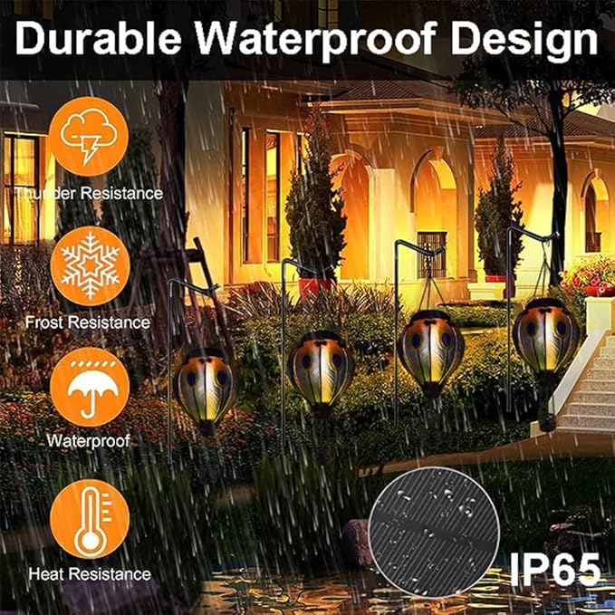 Solar Hot Air Balloon Lanterns with Flame with Shepherd's Hooks, Glass Hanging Flickering Lights Outdoor Waterproof for Garden Tree Yard Patio Mother's Day Gift, 18" H Peacock-Blue