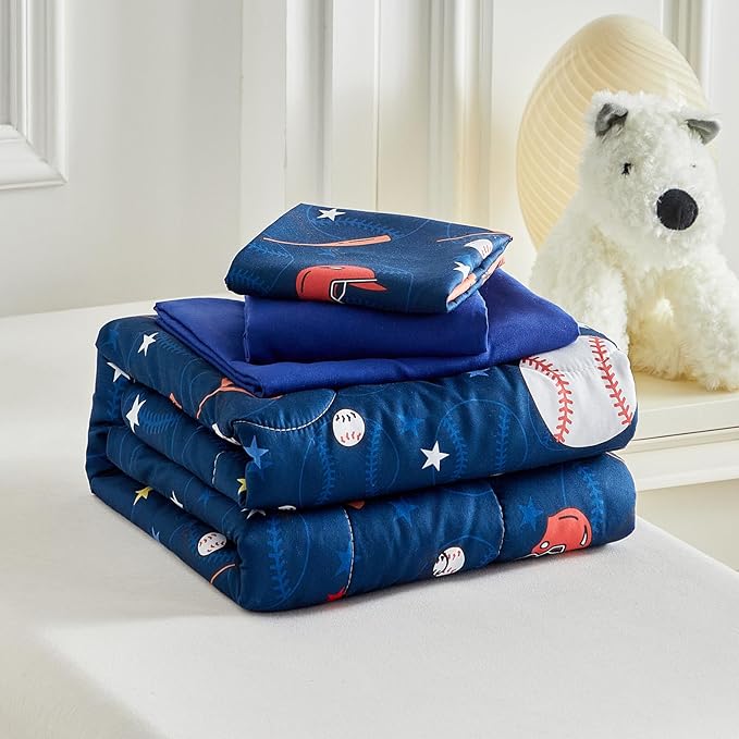 4 Pieces Baseball Toddler Bedding Set for Boys Gilrs Navy Blue White Stars Toddler Bed Set with Baseball Bat Cap Gloves Cute Toddler Bed in a Bag with Navy Blue Sheet Set and Pillow Shams