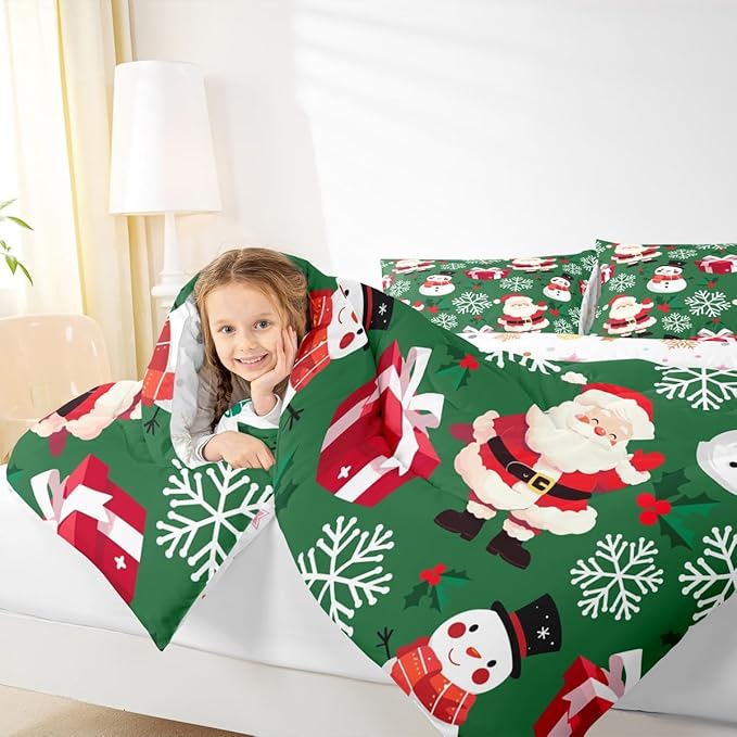 jejeloiu Merry Christmas Comforter Set Twin Size Xmas Santa Claus Bedding Set for Kids Boys Girls Cute Snowman Duvet Quilt Green Bedroom Decor