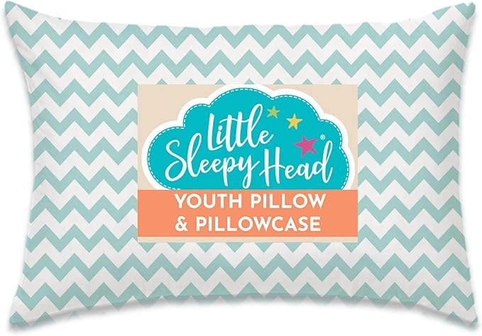 Little Sleepy Head Youth Pillow with Pillowcase 16x22, Soft Jumbo Toddler Pillows, Hypoallergenic Pillow Case - Best Kids Pillows for Sleeping, Perfect Kids Travel Pillows (Chevron Teal)