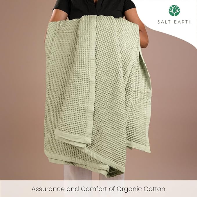Salt Earth GOTS Certified 100% Organic Cotton Throw Blanket, 90"x90" Waffle Blankets & Throws for Bed, Throw Blanket for Couch, Cozy Christmas Blankets and Throws for Christmas Gifts (Sea Foam)