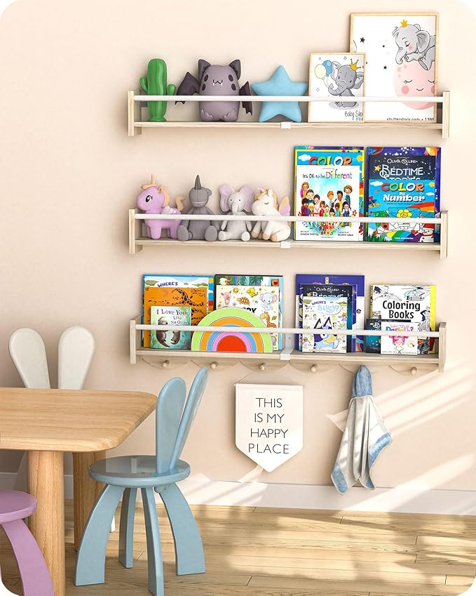 Nursery Book Shelves 34 inchs, Floating Book Shelves for Wall Nursery, Wall Mount Nursery Shelves Set of 3, Perfect for Living Room, Kids Room, Playroom & Bedroom.
