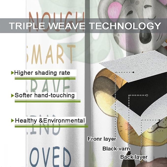 Cartoon Safari Animal Curtains Cute Watercolor Wildlife Jungle Window Treatments for Kids Boys Girls Bedroom Living Room Inspirational Motivational Quotes Nursery Children Drapes W72xL63