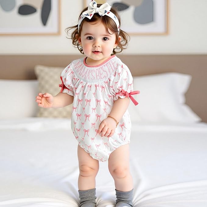 Newborn Baby Girl Romper Mamas Mini Bow Plaid Print Puff Sleeve Smocked Bubble Romper Jumpsuit Bodysuit Clothes