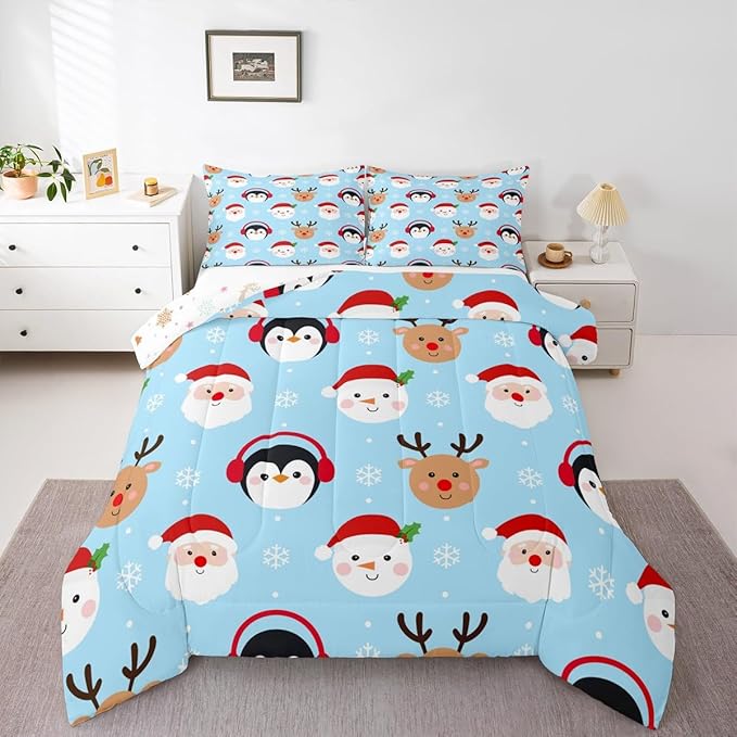 Feelyou Merry Christmas Comforter Set All Season Santa Claus Bedding Set with 1 Pillow Cases Deer Penguin Microfiber Kids Twin Bedclothes Snowman Bedroom Decor Duvet Quilt Breathable Soft Lightweight