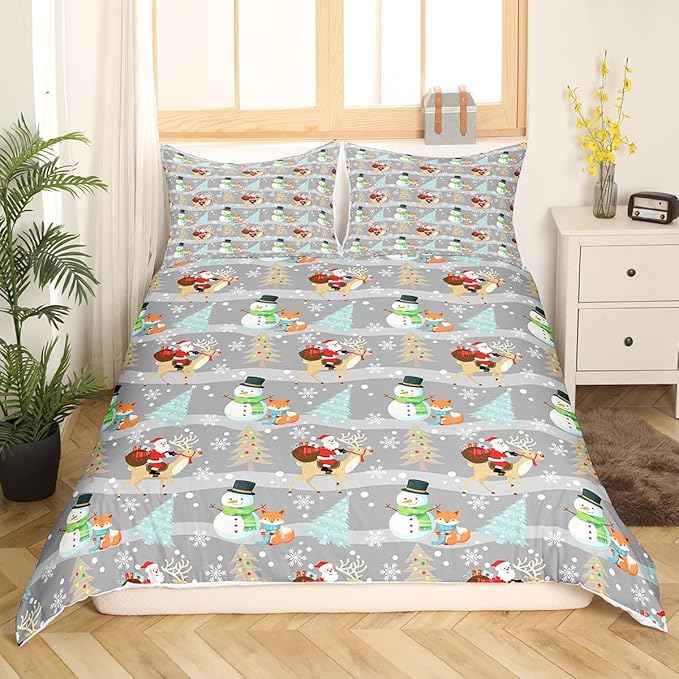 Christmas Duvet Cover Set Queen Size, Xmas Trees Snowman Santa Claus Comforter Cover with 2 Pillowcases, Winter Snowflake Grey Stripes Bedding Set for Kids Girls New Year Bedspread Cover,No Comforter