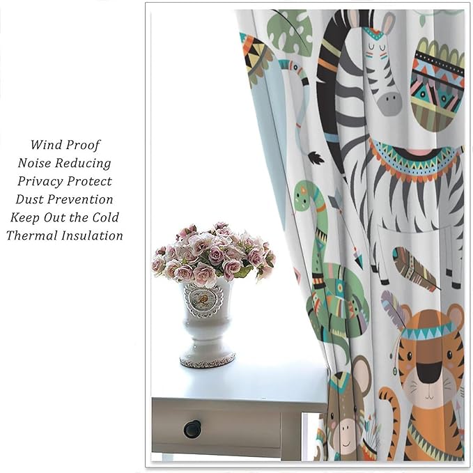 Jungle Tribal Animals Curtains, Southwest Aztec Cartoon Funny Zoo Animals Giraffe Lion Elephant Zebra Tiger Print Thermal Insulation Window Drapes for Kids Boys Girls Bedroom Living Room 42x63in