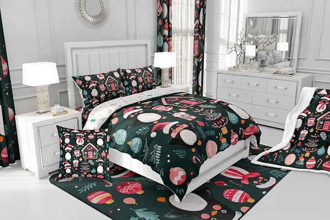 Feelyou Christmas Kids Comforter Set King Size Xmas Tree Ball Bedding Set Penguin Duvet Quilt for Kids Boys Girls Bedroom Gingerbread Houses Decor Microfiber Ultra Soft Breathable