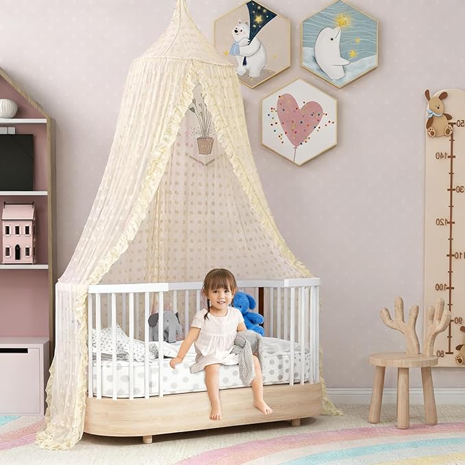 Bed Canopy for Girls - Princess Bed Canopy - Crib Canopy for Boys and Girls Bedroom Decor, Suitable for Use in Cribs Canopy Bed Curtains (Beige)