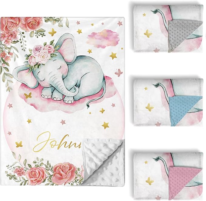 Personalized Baby Crib Bedding Set, 5 Pcs Custom Name Nursery Bedding Set for Girls Boys, Pink Elephant Baby Crib Set for Toddlers Infants, Double Layer Bedding Crib Sets Customized Gifts