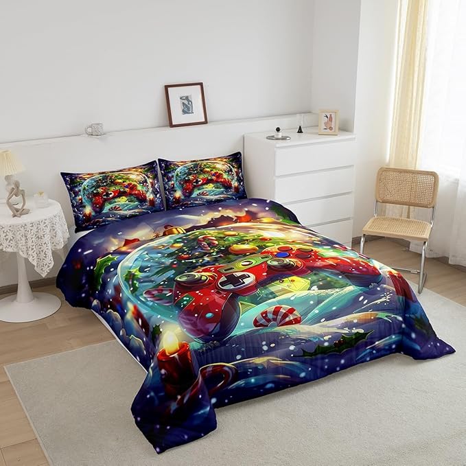 Video Games Kids Comforter Set Twin Size,Christmas Tree Snowflake Bedding Set for Boys Girls Room Decor,Merry Christmas Gamer Quilt Set 2Pcs,Xmas Red Gamepad Microfiber Duvet Insert,1 Pillowcase