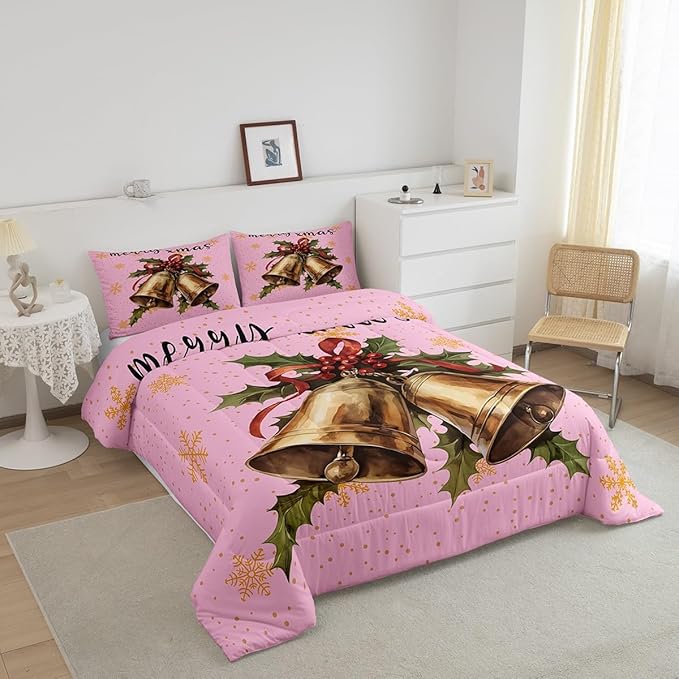 Erosebridal Merry Christmas Toddler Bedding Sets Xmas Tree Comforter Sets Kids Snowflake Happy New Year Down Comforter for Boys Girls Pink Bownot Decor Bed Set