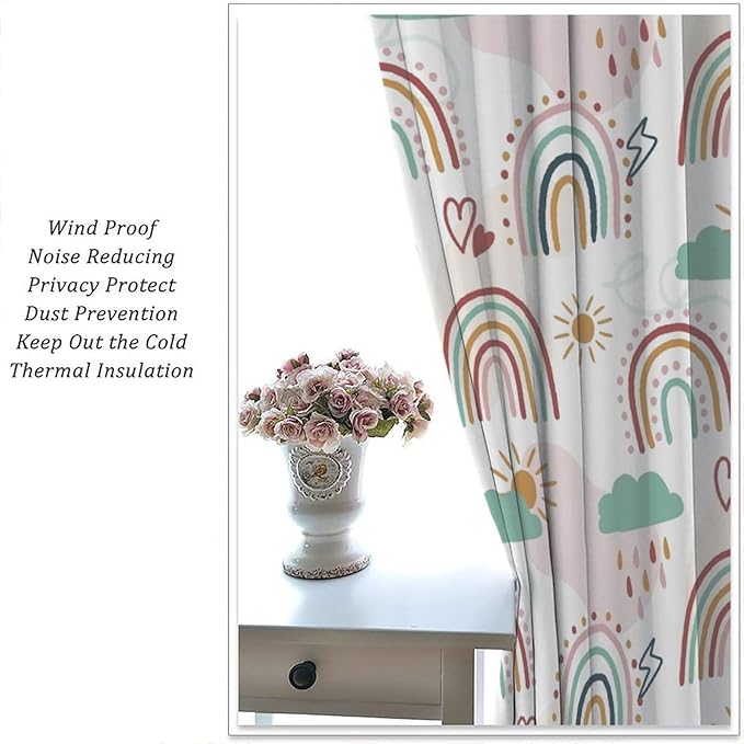 Kids Rainbow Curtains Boho Cartoon Colorful Stars Love Heart Lovely Abstract Art Pattern Print Window Drapes for Girl Bedroom Living Room Kitchen Decor,2 Panel Set,42Wx45H Inch Decor