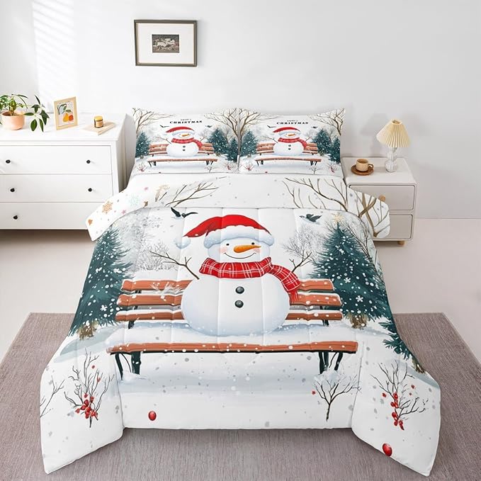 Feelyou Merry Christmas Comforter Set Queen Size Cute Snowman Bedding Set for Kids Boys Girls Snowflake Duvet Quilt Christmas Tree Bedroom Decor Microfiber 3 Pcs with 2 Pillow Cases