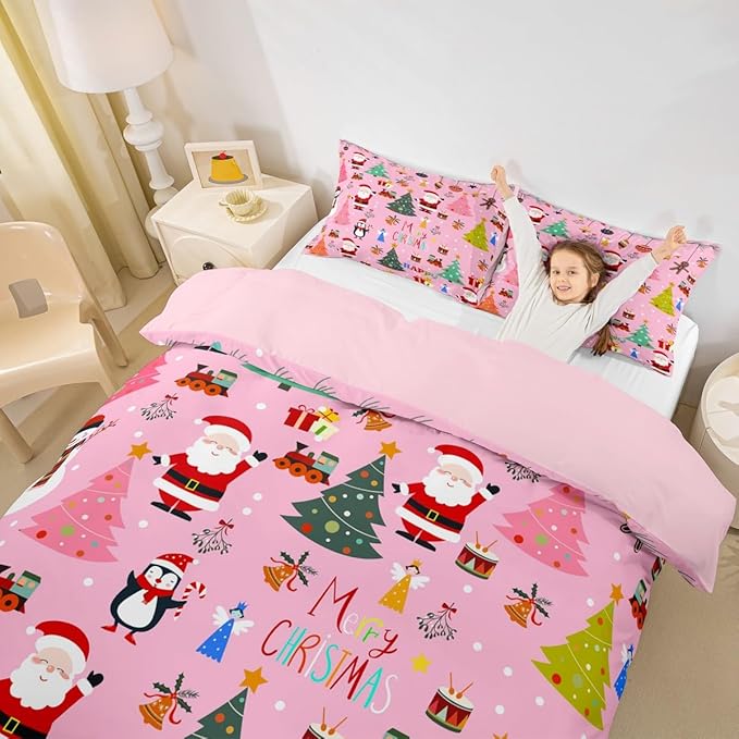 Christmas Bedding Duvet Cover Set Kids Santa Claus Xmas Theme Bedding Set Boys Girls Decor Christmas Tree Comforter Cover Set Microfiber Pink New Year Bedspread Cover Bedroom Bedclothes Queen Size