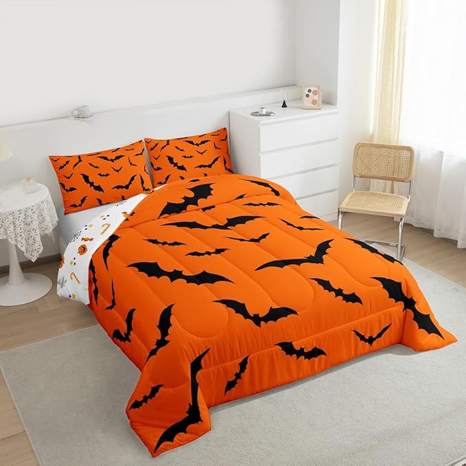 Erosebridal Halloween Comforter Set Gothic Bats Bedding Set Toddler Size,Spooky Silhouette Bat Quilt for Kids Boys Girls Adults Flying Mysterious Animals Down Comforter,Horror Spooky Home Decor