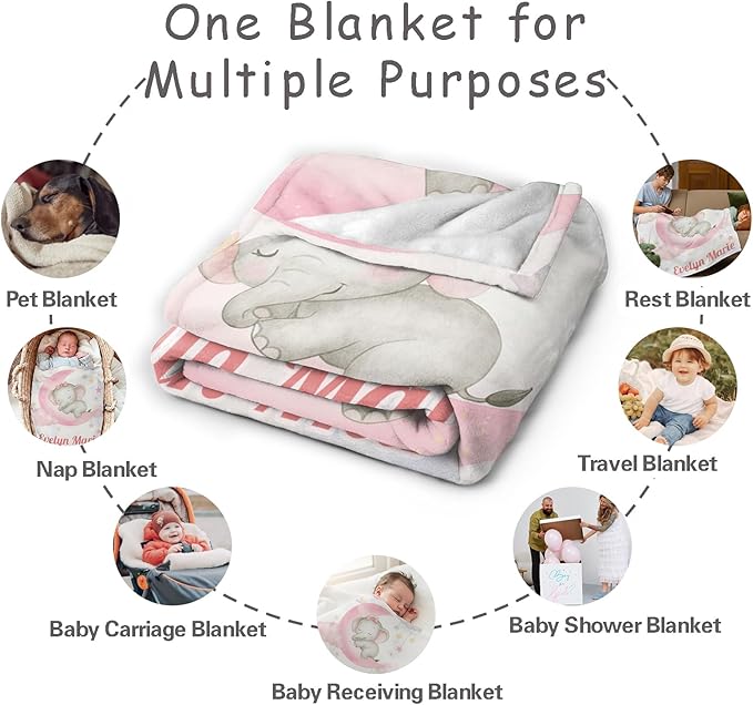 Personalized Baby Blanket for Boys Girls Ultra Soft Cozy Custom Baby Blanket with Name Flannel Elephant Blanket Personalized Gifts for Kids Infant Newborn Baby for Birthday Baby Shower Christmas