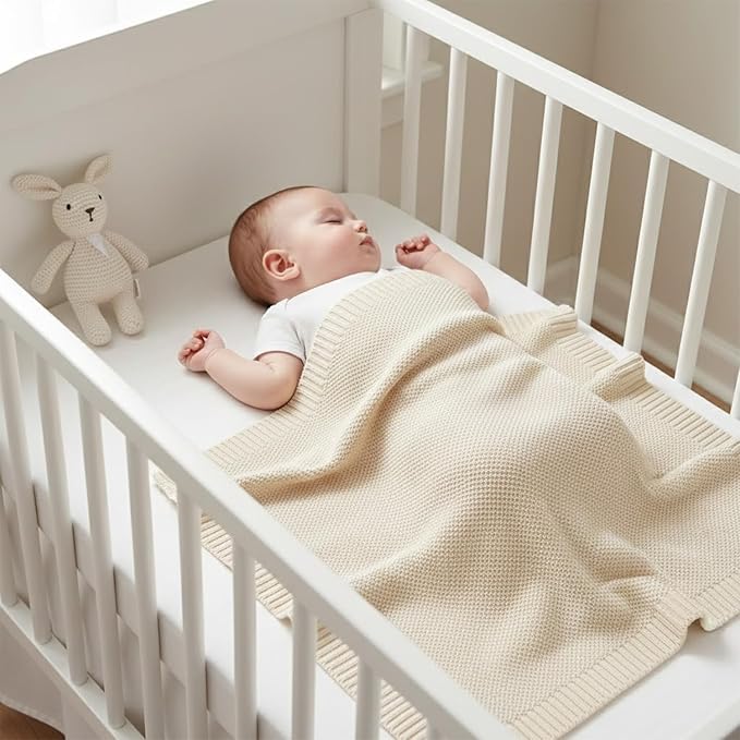 Baby Knit Blanket Soft Cotton Lightweight Newborn Blanket for Crib Stroller Toddler Nursery Shower Gift Cozy Breathable Travel Swaddle Wrap Cream 30 x 40 Inches