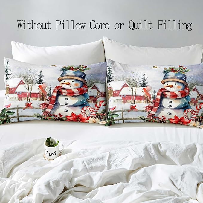 LUVIVIHOME 3PCS Cute Snowman Duvet Cover Full Bedding Set, Christmas Bedding, Red Bird Cardinal Poinsettia Winter Holiday New Year Xmas Gifts Christmas Comforter Bedspread Quilt Cover, 2 Pillow Shams