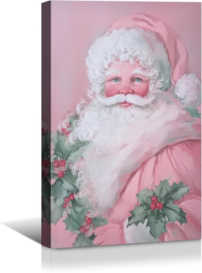 YONICA Christmas Canvas Wall Art Pink Santa 12x16 Inch Soft Pastel Holiday Art for Nursery - Large Framed Gallery Wrapped Kids Room Decor