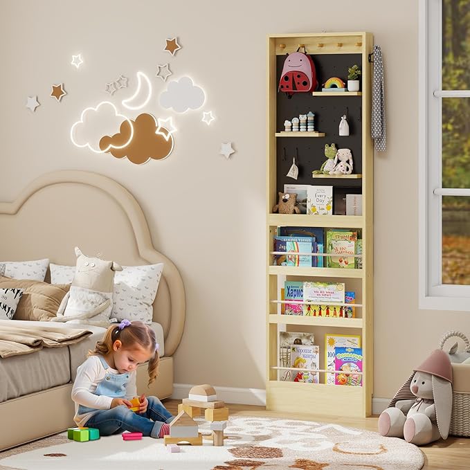 ELECWISH Kids Bookshelf, Behind The Dooor Wall Mounted 70" Tall Bookcase with Open Display Shelves, Space-Saving Narrow Book Shelf for Children's Study Living Room, Nursery, Set of 2