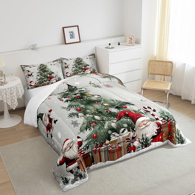 Merry Christmas Bedding Set Full Size,Christmas Tree Snowflake Comforter Set for Kids Boys Girls Room Decor,Santa Claus X'mas Theme Duvet Insert 3Pcs,Star Polka Dot Glitter Quilt Set,2 Pillowcases