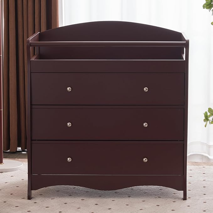 Karl home Changing Table Dresser Baby Diaper Changing Station Infant Nursing Table with 3 Drawers, Safety Rail & Strap for Bedroom, Nursery, Brown