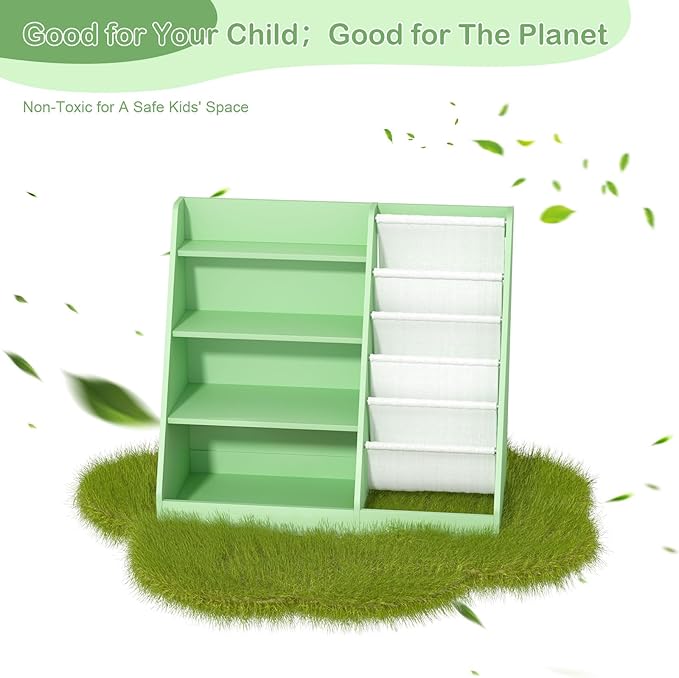 NACHES Montessori Kid Bookshelf Toddler Bookcase Cabinet Children Book Rack Display Toy Storage Organizer 4 Tier 5 Sling Deep Sleeves Classroom Bedroom Nursery Playroom Wood (Green)