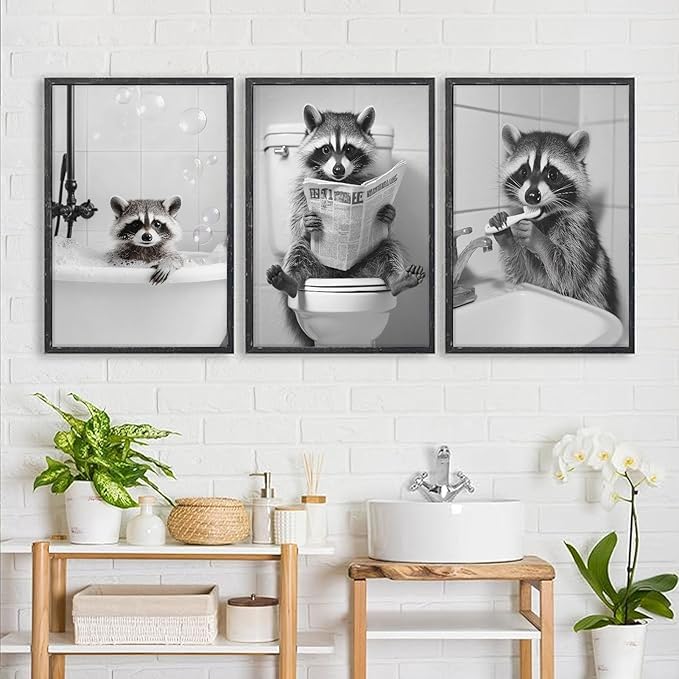 Funny Raccoon Bathroom Canvas Wall Art Black and White Cute Raccoon Sitting on Toilet Poster Print Artwork Humor Adorable Animals Pictures Wall Decor for Washroom Restroom laundry 12x16in Unframed