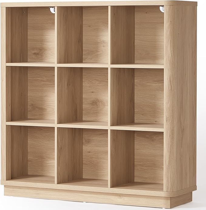9 Cube Storage Book Shelf, 41" Tall Organizer Bookshelf with Curved Edge, Floor Standing 3-Tier Wood Cubby Bookcase with Base, Modern Display Book Case for Living Room, Home Office,Natural Oak