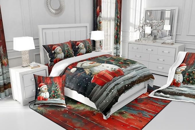Merry Christmas Bedding Set Full Size,Snowman Christmas Tree Comforter Set for Kids Boys Girls Room Decor,Snowflake Winter Theme Duvet Insert 3Pcs,Retro Rustic Barn Stripes Quilt Set,2 Pillowcases
