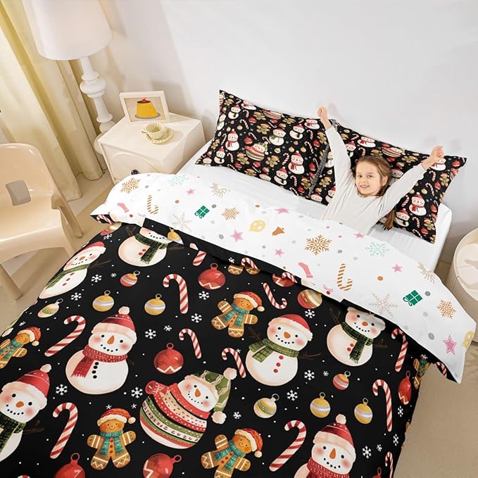 Feelyou Merry Christmas Duvet Cover King Size Gingerbread Man Snowman Comforter Cover for Boys Girls Candy Cane Bell Xmas Decor Bedding Set 3Pcs Reversible Xmas Decor Room Decor