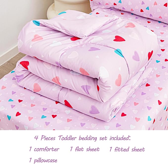 Viviland Purple Heart Toddler Comforter Sets, Cute Girls Toddler Bedding Set, Soft Microfiber Toddler Bed Set