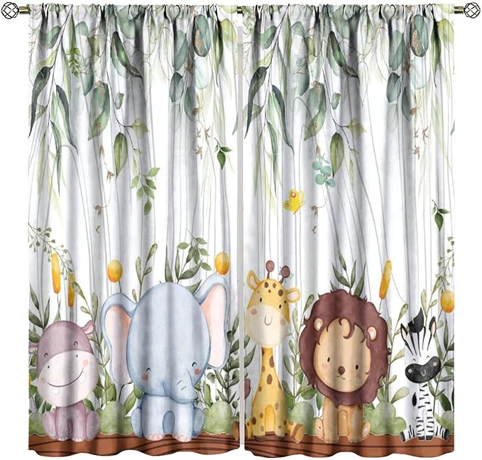 YCness Forest Animal Curtains, Watercolor Wild Animal Bear Fox Deer Kids Window Treatments for Living Room Bedroom, Green Woodland Tree Kids Drapes 2 Panel Sets,55x63 Inch
