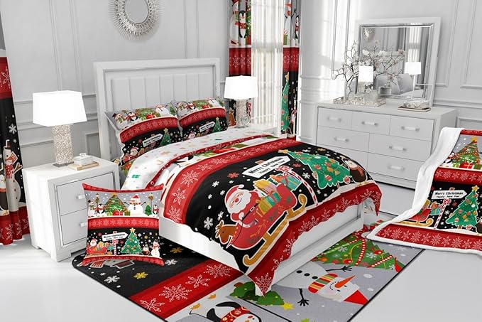 Erosebridal Christmas Tree Decor Quilts Cartoon Snowman Comforter Set for Teens Kids Boys Xmas Deer Elk Santa Claus Bedding Set for New Year Snowflake Red and Black Duvet Insert Queen Size
