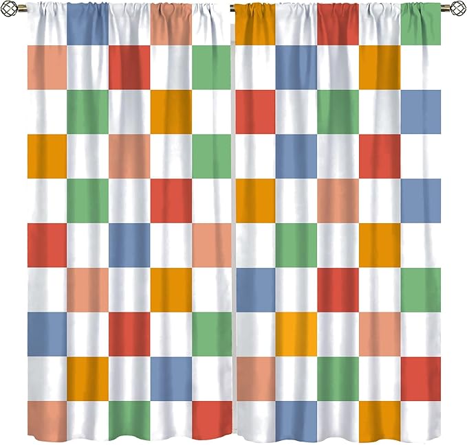Retro Checkered Curtains,70s Vintage Twisted Checkered Window Drapes Colorful Groovy Trendy Wavy Hippie Grid Print Window Treatments for Kids Girls Bedroom Living Room Bathroom 55" W X 63" L