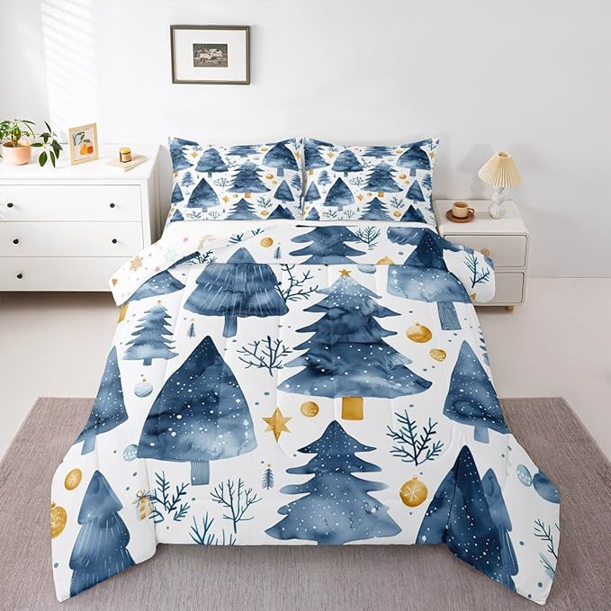 Feelyou Christmas Comforter Set All Season Xmas Tree Bedding Set with 2 Pillow Cases Watercolor Blue Microfiber Kids Full Bedclothes Snowflake Bedroom Decor Duvet Quilt Breathable Soft Lightweight