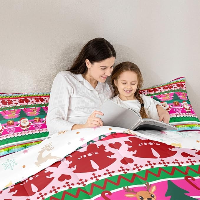 Feelyou Merry Christmas Comforter Set All Season Santa Claus Bedding Set with 2 Pillow Cases Cute Deer Microfiber Kids Full Bedclothes Snowflake Bedroom Decor Duvet Quilt Breathable Soft