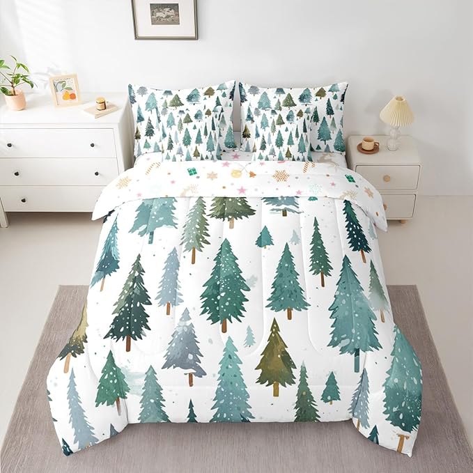 Erosebridal Christmas Tree King Comforter Set with Sheets 7 Piece Green Xmas Pine Tree Bed in A Bag Forest Snowy Nature Scene Bedding Sets for Teens Winter Holiday Christmas Bed Set Happy New Year