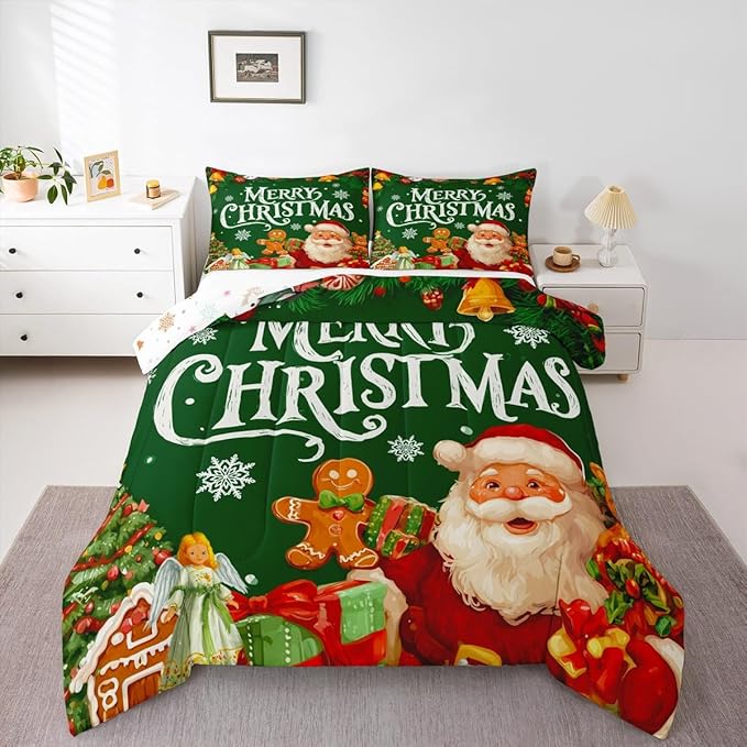Feelyou Green Christmas Comforter Set All Season Santa Claus Bedding Set with 2 Pillow Cases Gingerbread Microfiber Kids King Bedclothes Bedroom Decor Duvet Quilt Breathable Soft